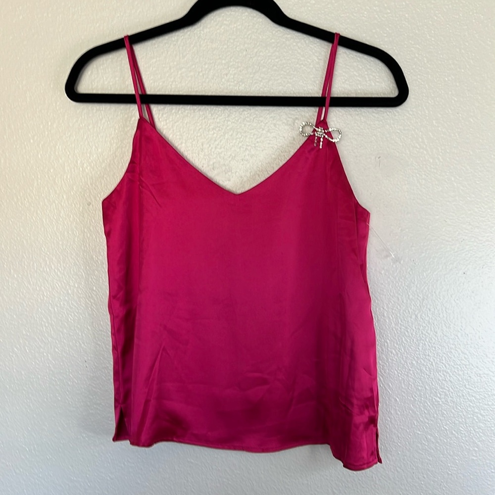 NWT Rachel Zoe Hot Pink Satin Cami Top Rhinestone Bow sz L